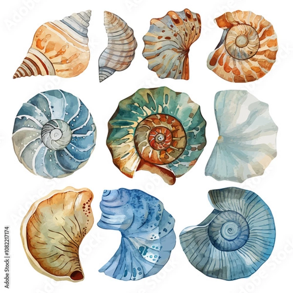 Fototapeta A watercolor of a set of Nautilus shells, isolated on a white background. Nautilus shells vector.