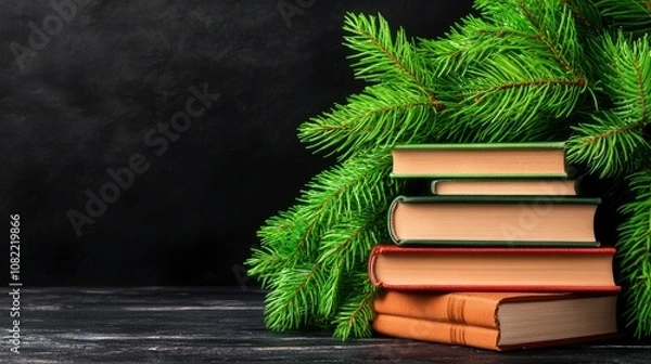 Fototapeta Stack of Books Under a Pine Branch on a Dark Background