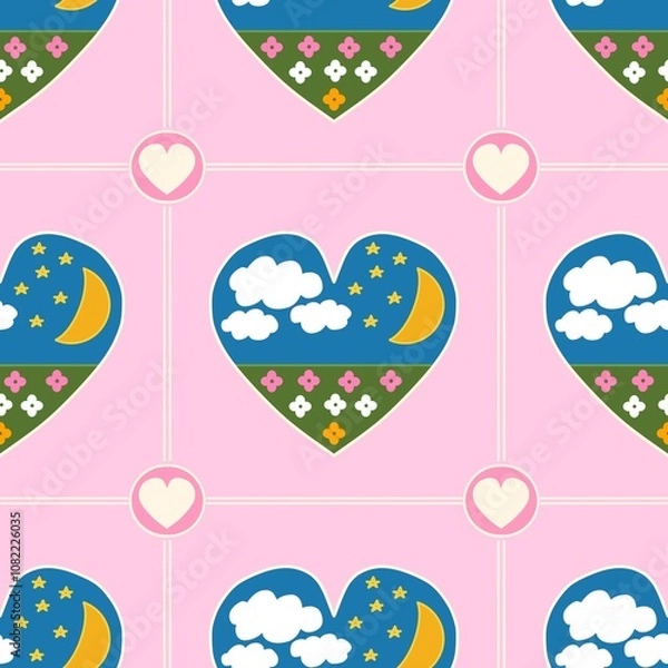 Fototapeta seamless pattern with clouds and moon and stars and hearts and flowers
