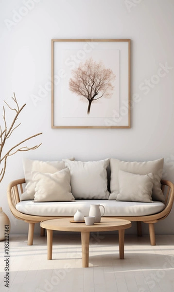Fototapeta Minimalist Living Room Interior with Wooden Sofa Coffee Table and Tree Artwork