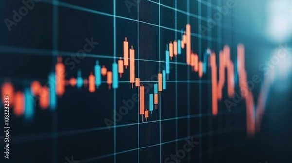 Fototapeta A close-up view of a stock market chart showcasing fluctuating prices represented by candlestick patterns with vibrant orange and blue colors.