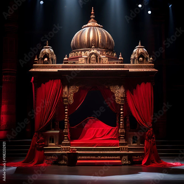 Fototapeta A palanquin- closed with a red satin cloth, placed on the Royal Podium on the kolkata art and architecture inspired stage

