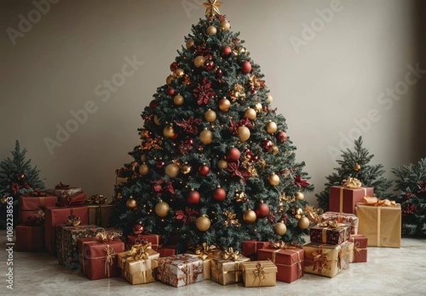 Fototapeta Christmas Tree Decorated with Red and Gold Ornaments and Surrounded by Wrapped Presents