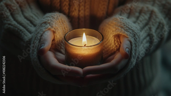 Fototapeta 手の中で灯る小さなキャンドルの暖かい光