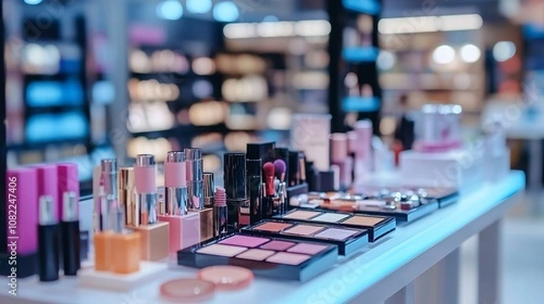 Fototapeta A display of colorful makeup products on a table in a store.