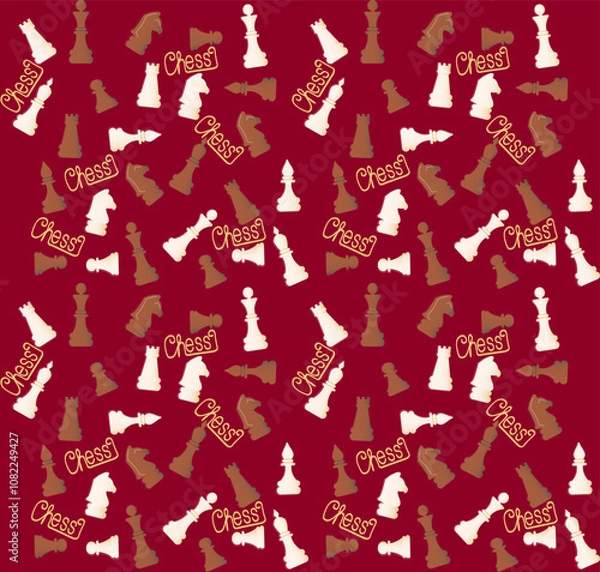 Fototapeta Vector seamless pattern with colorful chess pieces on burgundy background.