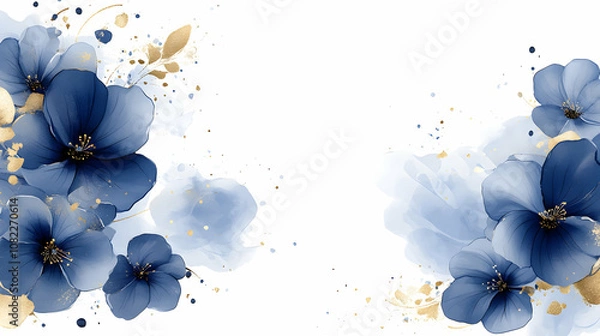 Fototapeta Abstract Watercolor Floral Illustration with Gold Accents: Elegant Blue Flowers on White Background for Design Projects