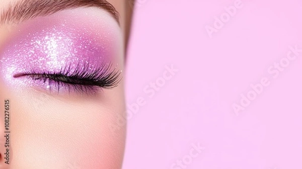 Fototapeta Sparkling pink eye shadow on closed eyelid against soft pink background