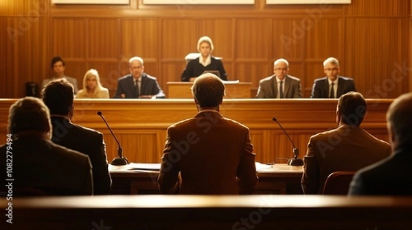 Fototapeta Lawyer Presenting Evidence in Courtroom Setting with Judge and Audience Observing Legal Proceedings in a Formal Judicial Environment