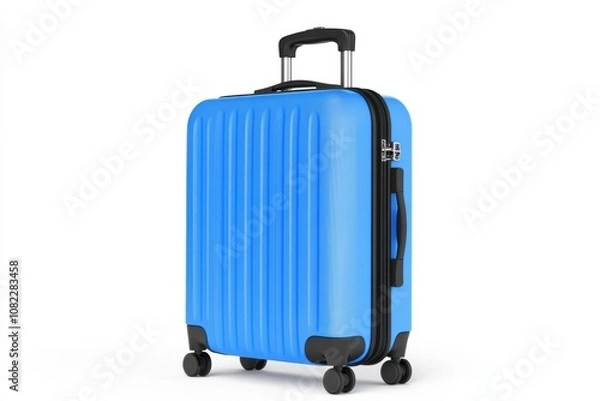Obraz Bright blue suitcase with wheels, isolated on a white background.