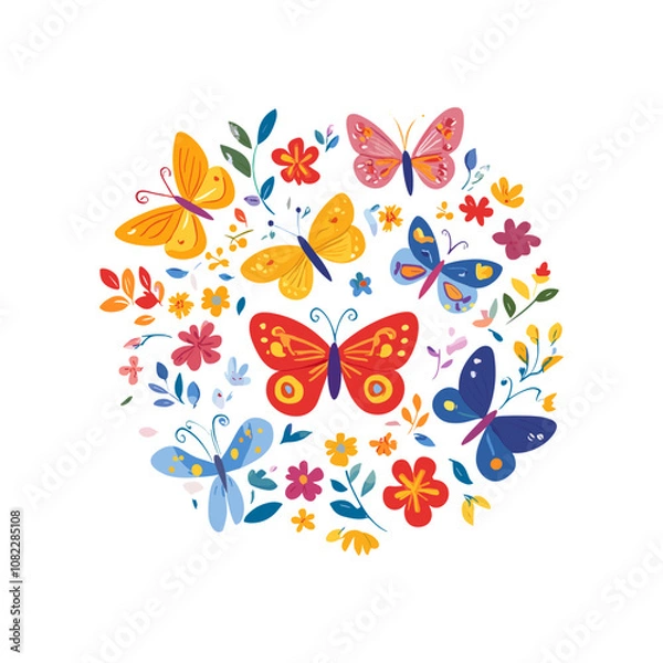 Fototapeta Vibrant butterfly and floral pattern with colorful flowers