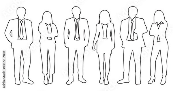Fototapeta silhouettes of men and a women, a group of standing business people, black color outline isolated on white background in vector design.