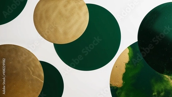 Obraz Gold and green circular decorative elements on white background, modern design, copy space
