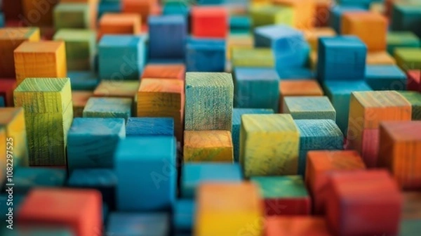 Fototapeta A creative block-building workshop with colorful bricks, Blocks meticulously organized on a table, Contemporary artistic style