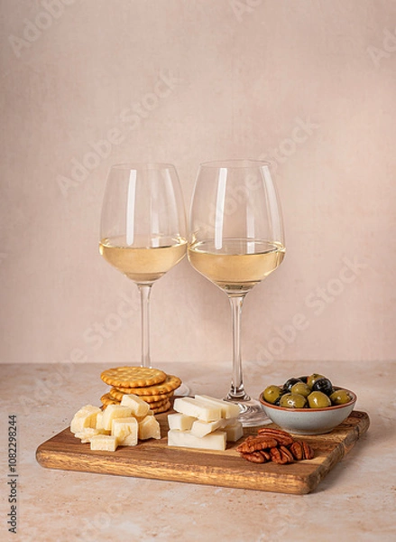 Fototapeta Food photography of white wine with goat gouda cheese, parmesan, olives, pecan, crackers, french meal, winery, assortment, snack for a couple