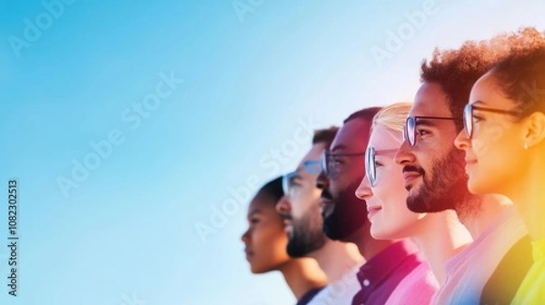 Obraz A diverse group of individuals stands together, each facing forward with confidence. They exhibit a strong sense of unity, embodying diversity and inclusion against a bright blue sky