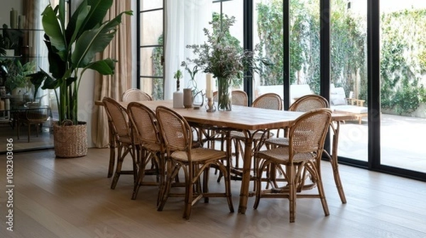 Fototapeta Modern Dining Room with Rattan Furniture and Plants