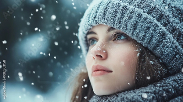 Fototapeta young woman with cozy winter hat gazes thoughtfully as snowflakes fall around her, creating serene and peaceful winter atmosphere