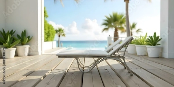 Fototapeta Wooden deck overlooking a calm ocean with palm trees and potted plants in the background