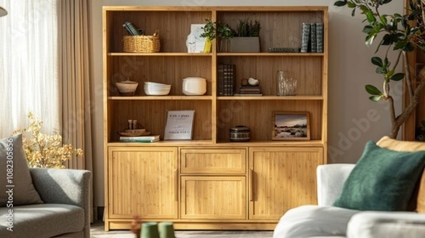 Fototapeta Natural Bamboo Bookshelf in Cozy Living Room Setting