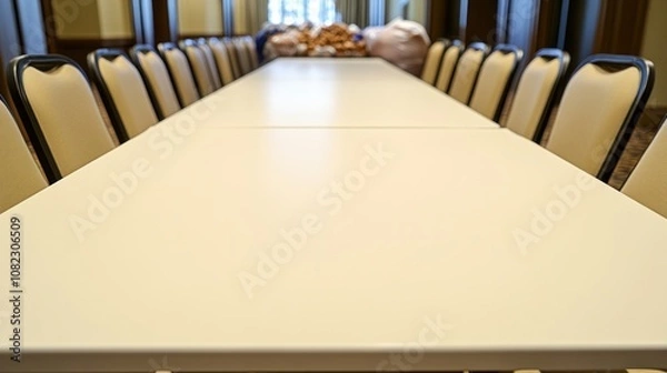 Fototapeta A long, empty conference table set for a meeting or event.