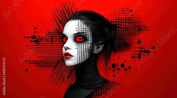 Fototapeta Hyperrealistic Sci-Fi Woman with Bold Graphic Illustrations on Red Background