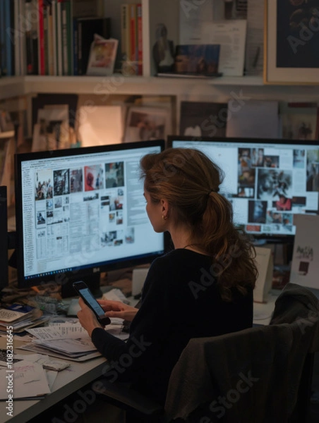 Fototapeta A woman works diligently at her desk surrounded by two computer screens and stacks of documents in a busy office in the evening