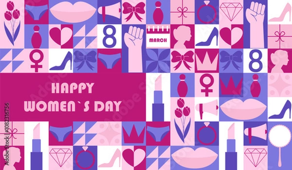 Fototapeta Happy Womens Day mosaic banner. Horizontal poster, greeting card, header for website. Modern neo geometric abstract background. Vector illustration