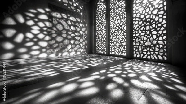 Fototapeta Geometric Floral Shadow Patterns on Wall and Floor, Created by Sunlight Filtering Through.