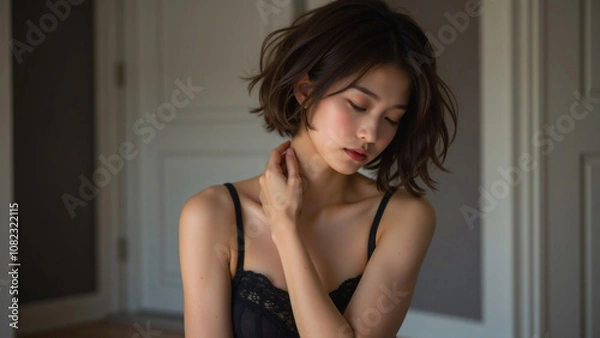 Fototapeta 黒の繊細なレースランジェリーを纏い、柔らかな自然光が差し込む室内で静かに俯く女性、ショートヘアと落ち着いたベージュとグレーの背景が洗練された美しさと繊細な雰囲気を引き立てるポートレート