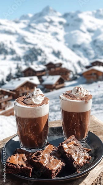 Obraz Two cups of coffee against the backdrop of snow-covered mountain houses. 