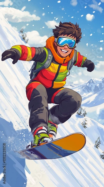 Obraz Cartoon boy snowboarding. 