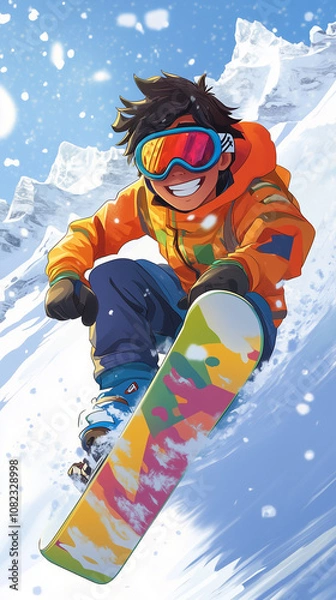 Obraz Cartoon boy snowboarding. 