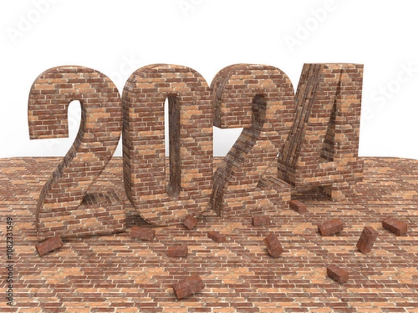Fototapeta Brick New year inscription 2024 on stone floor. Christmas post idea for building company. 3d rendering