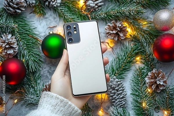 Fototapeta A smartphone held among festive decorations, including pine branches and ornaments.