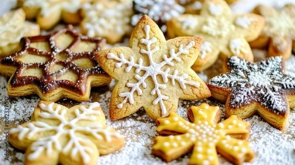 Fototapeta Festive Holiday Sugar Cookies Displayed on a Rustic Wooden Surface with Decorative Icing Designs in Various Shapes and Patterns for Winter Celebrations