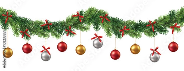 Obraz Decorative banner or seamless pattern with green branches and christmas ornaments and ribbons on transparent background