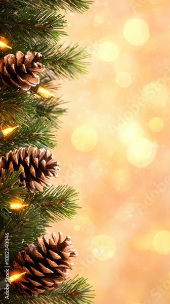 Fototapeta Close up of pine cones on Christmas tree with warm bokeh background, evoking festive atmosphere. Perfect for holiday themed designs
