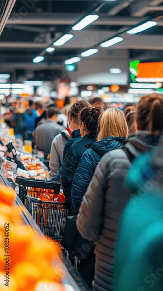 Fototapeta Crowded checkout area in store during Black Friday shopping, with customers waiting in line. atmosphere is bustling and energetic, showcasing excitement of holiday shopping