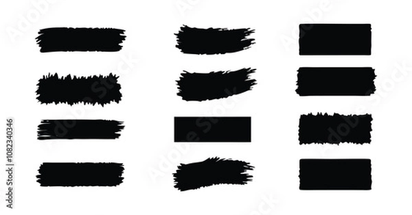 Fototapeta Set of Grunge Brush Stroke Shapes - Black Hand-Painted Textured Rectangles and Squares for Design Elements vector on white background