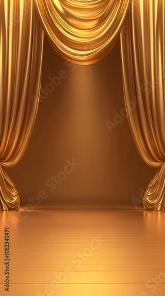 Fototapeta Elegant Golden Stage Curtains with Smooth Drapery Effect Under Soft Lighting Creating a Glorious Atmosphere for Performance or Event Background