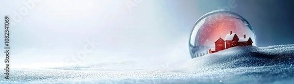 Fototapeta Enchanting Winter Scene Inside a Snow Globe Featuring a Cozy Red House Surrounded by Soft Snow in a Serene Winter Landscape With Gentle Lighting