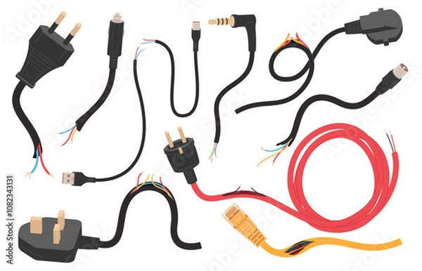 Fototapeta Damaged electronic cables. Danger with voltage due to broken wire. Breakdown of electrical appliances. Vector illustration