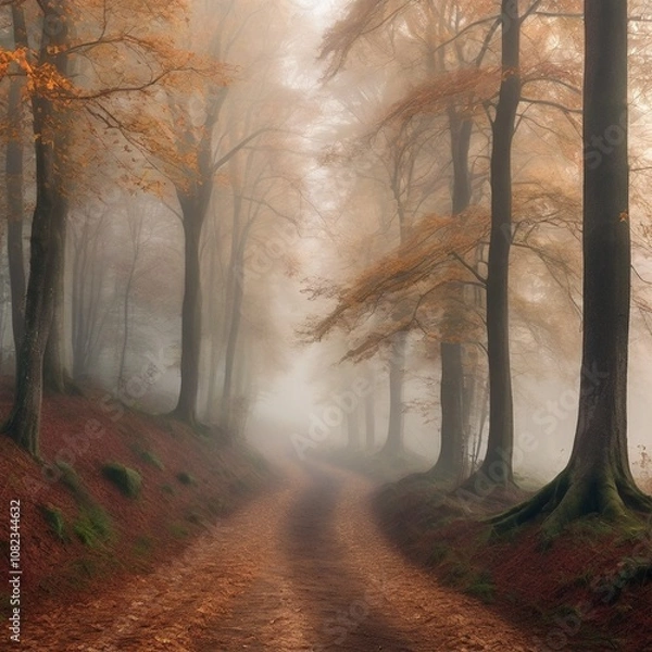 Obraz Enchanting and atmospheric photograph of a foggy forest path in autumn. The misty environment and fallen leaves create a serene and tranquil scene, perfect for a peaceful nature walk.