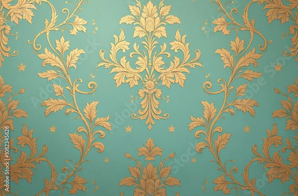 Fototapeta Vintage golden wallpaper with shabby tapestry victorian pattern. Video blog concept. Very realistic, 8k quality, hyper realistic, ultra realism