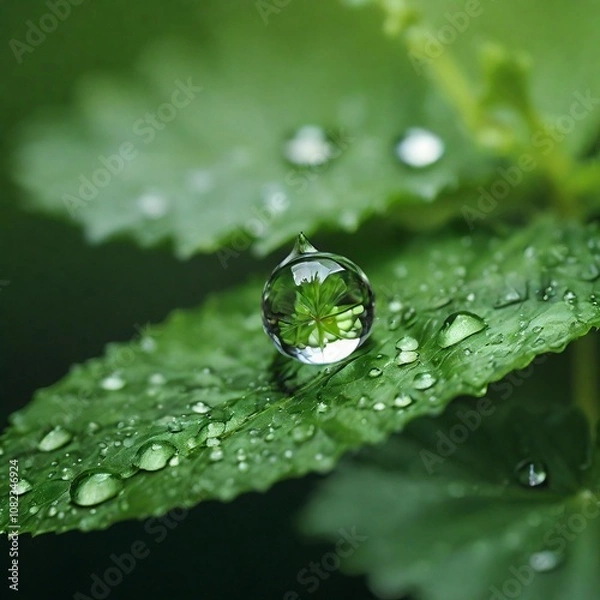 Obraz Droplet reflects the surrounding environment, highlighting the beauty and intricacy of nature in a calm and serene setting.