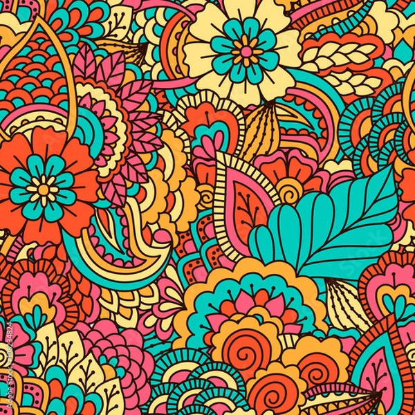 Fototapeta Hand drawn seamless pattern with floral elements. Colorful ethnic background. Pattern can be used for fabric, wallpaper or wrapping