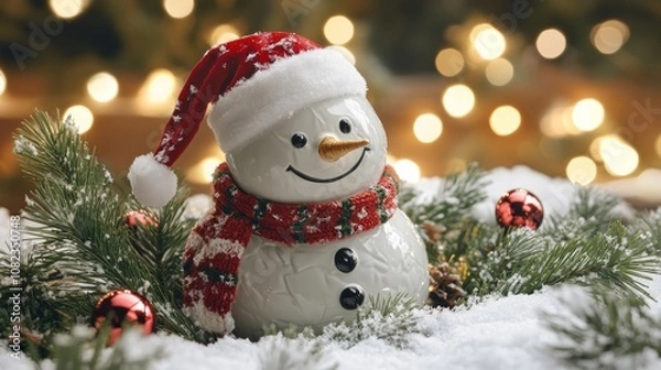 Fototapeta Snowman wearing santa hat and scarf celebrating christmas with festive lights