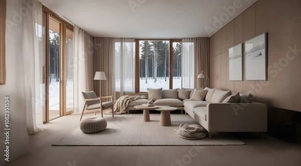 Fototapeta Bright modern living room with cozy neutral tones, soft textures, and stylish decor, offering a serene and inviting atmosphere. Bright modern living room with cozy neutral tones, soft textures, and s
