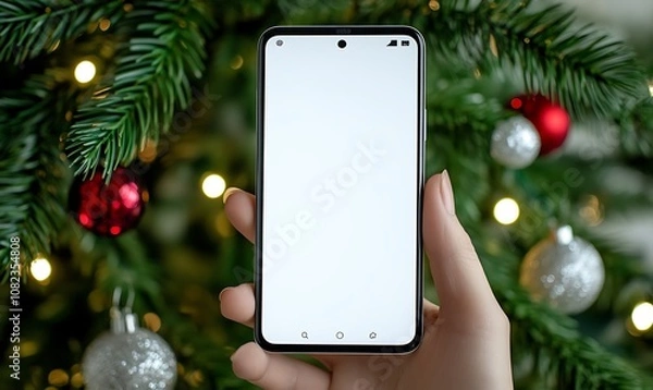 Fototapeta A hand holding a smartphone with a blank screen in front of a decorated Christmas tree.